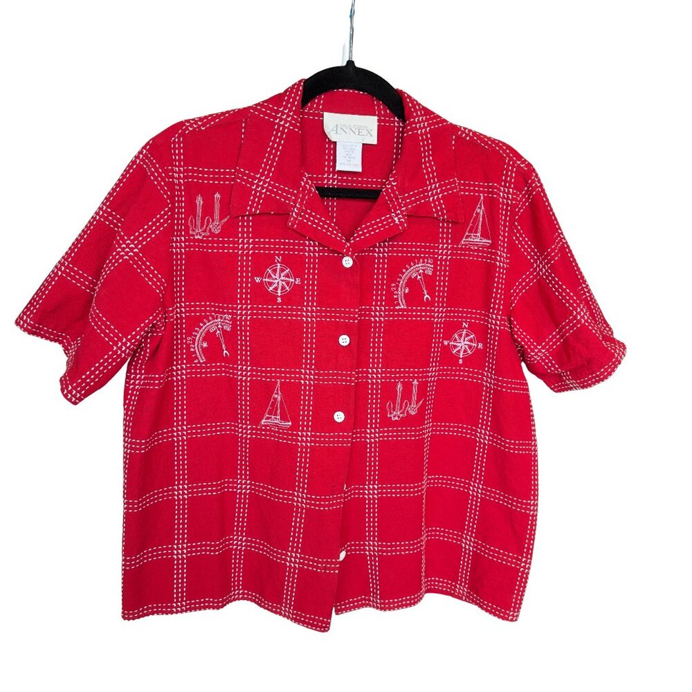 Vintage Casual Corner ANNEX Red Collared Button Down Short Sleeve Nautical Theme